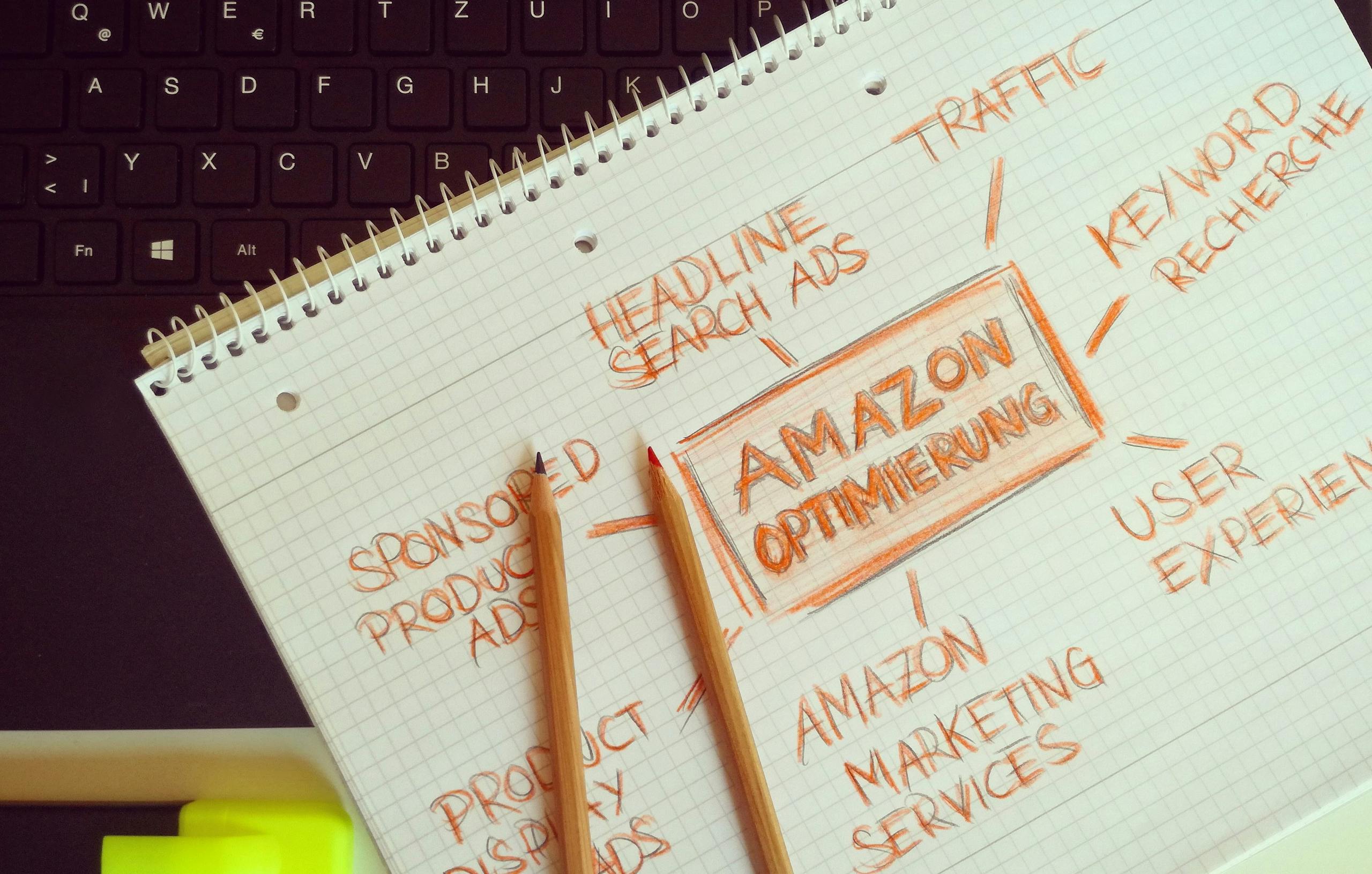 Visual representation of Amazon optimization techniques with handwritten notes and pencils.